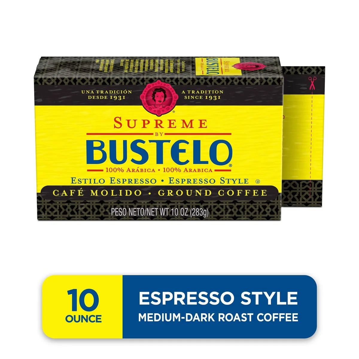 Café Bustelo Supreme Espresso-Style Medium Dark Roast Ground Coffee - 10oz: Arabica Beans